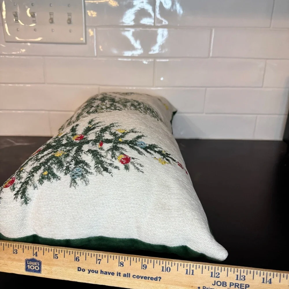 OEKO-TEX Christmas Tree Lumbar Pillow 20x12 Green Red Woven Tapestry Velvet Back